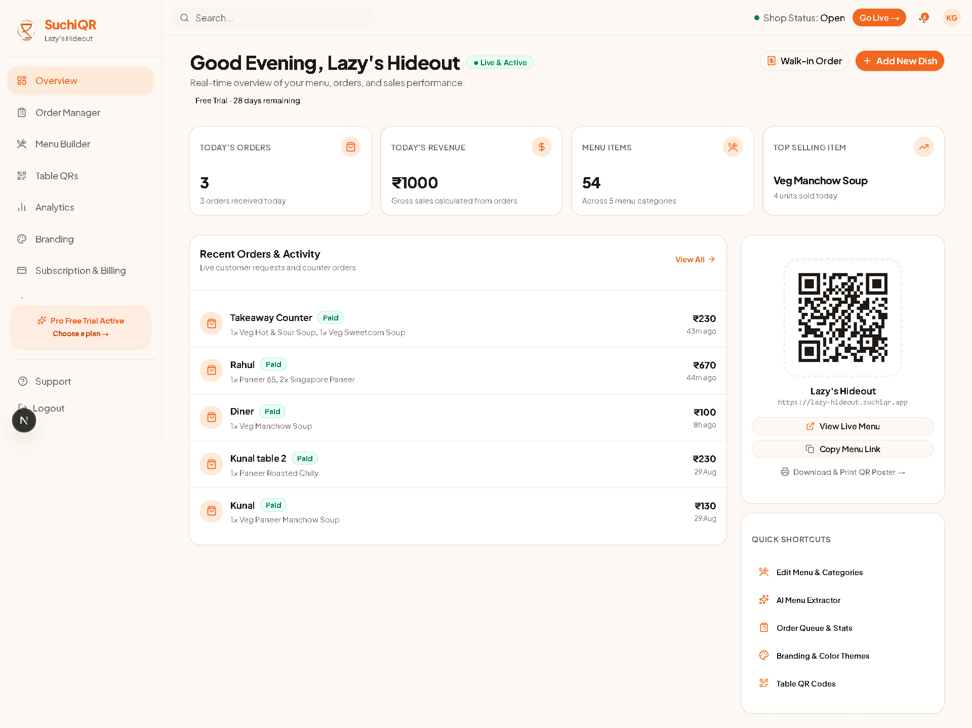 Central Restaurant Control Dashboard