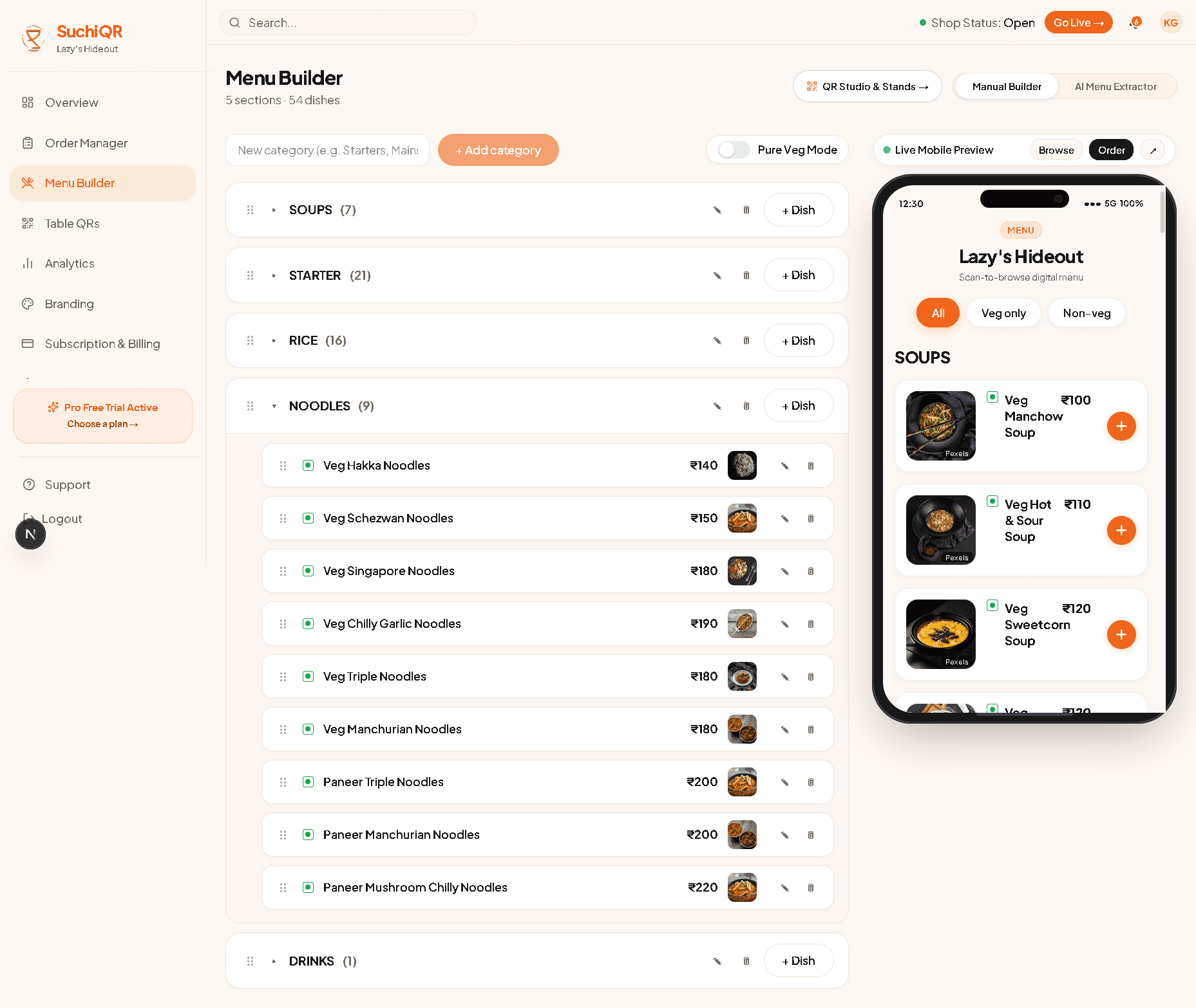Interactive Menu Builder & Availability Switch