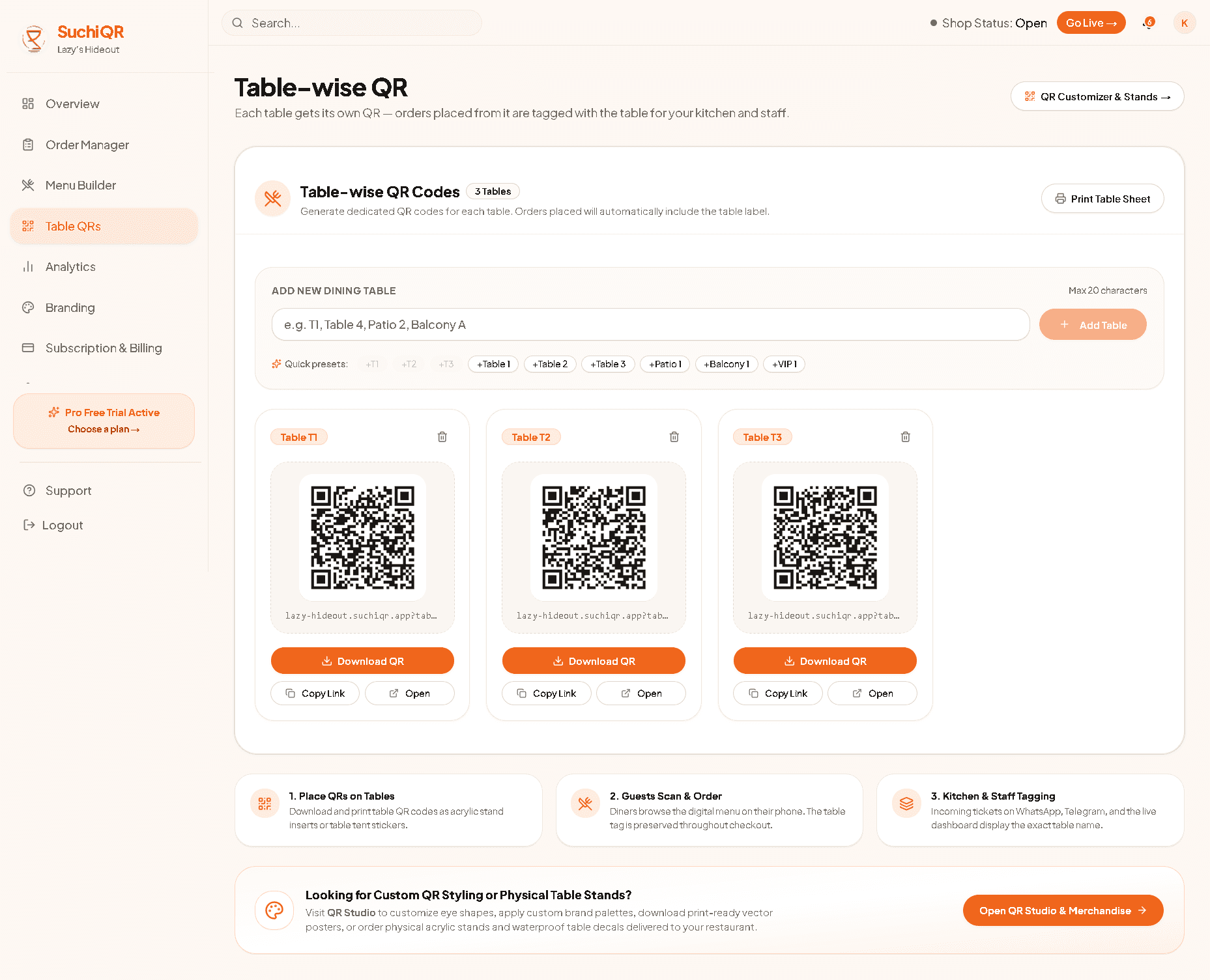 Table-Wise QR Generator & Automatic Tagging